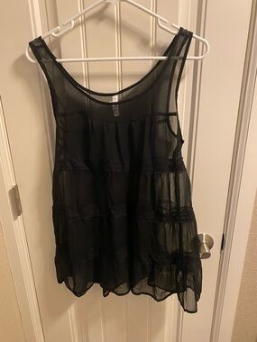 Xhilaration L Top Sheer Black Lace Trim Tank Sleeve Blouse Large Lg Shirt